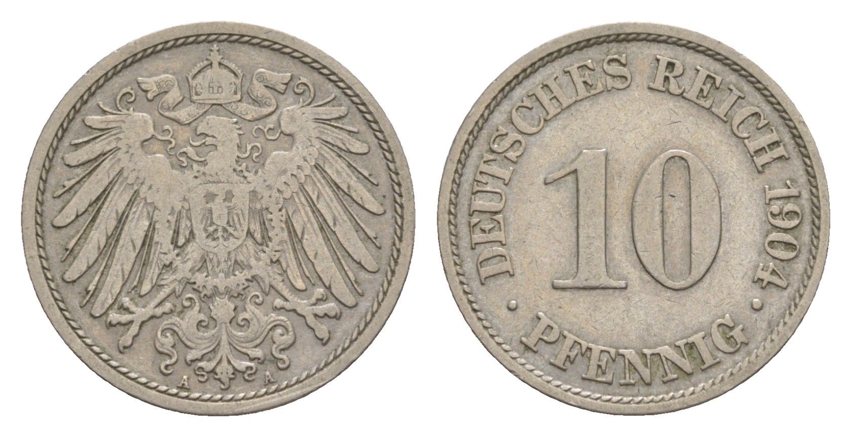 Германия 10 пфеннигов 1904 A, Вильгельм II (1888-1918) KM 12, J. 13 медно-никель 4640-258