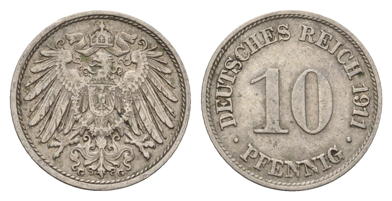 Германия 10 пфеннигов 1911 G, Вильгельм II (1888-1918) KM 12, J. 13 медно-никель 4636-928