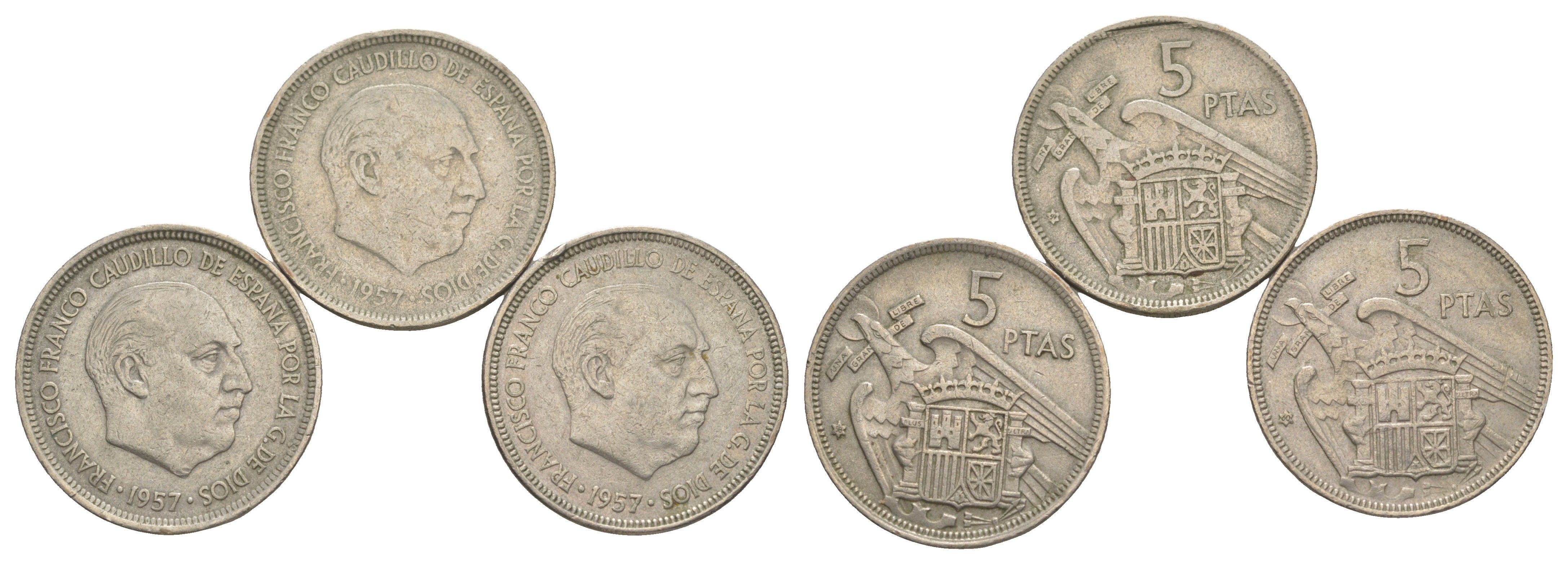 Испания лот из 3 монет (без повторов) 5 песета 1957 (58, 59 и 60) Франсиско Франко KM 786 медно-никель 4178-644-646
