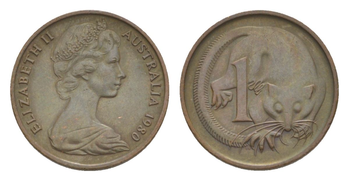 Австралия 1 цент 1980 Елизавета II (1952-2022), опоссум KM 62 бронза 4632-135