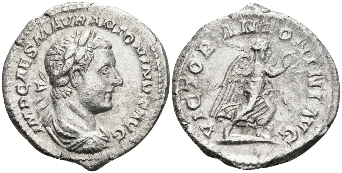 Римская Империя денарий 218 Элагабал VICTOR ANTONINI AVG Виктория Рим Good Very fine RIC 156 серебро 00-00-00