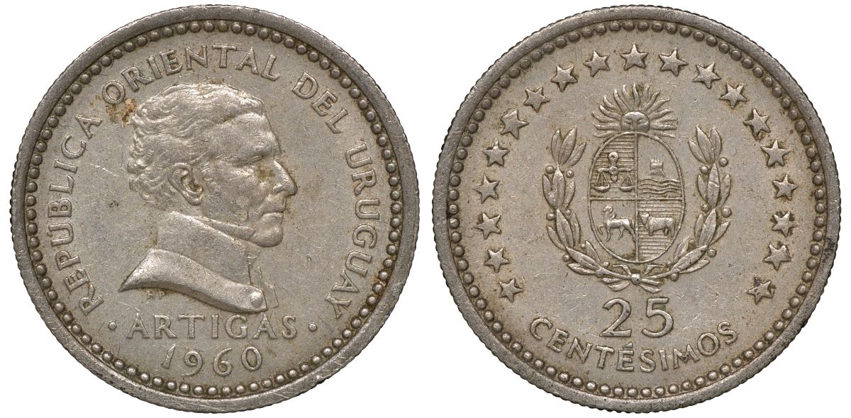 Уругвай 25 сентесимо 1960 KM 40 медно-никель 4169-928