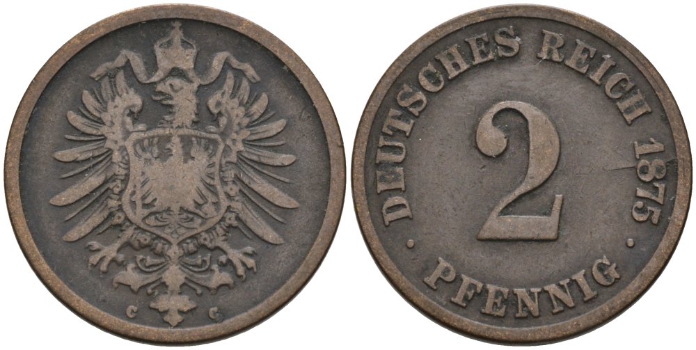 Германия 2 пфеннига 1875 C, старогербовка KM 2, J. 2 медь 4575-636