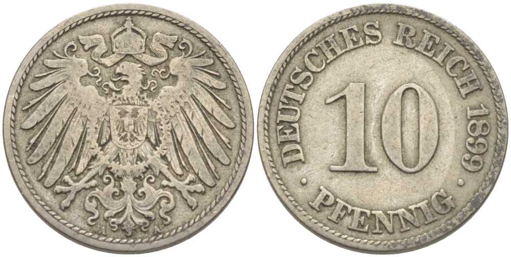 ГЕРМАНИЯ 10 ПФЕННИГОВ 1899 А KM 12, J. 13 медно-никель 210-633