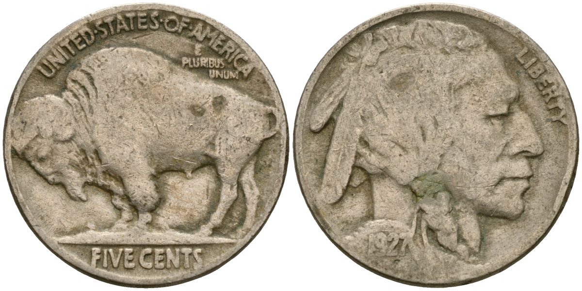 США 5 центов 1927 индеец, бизон KM 134 медно-никель 4135-435