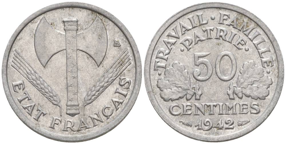 ФРАНЦИЯ 50 САНТИМОВ 1942 ТИП FRANCISQUE, LOURDE, ПРАВИТЕЛЬСТВО ВИШИ KM 914.1, LE FRANC 195.2 алюминий 44-341