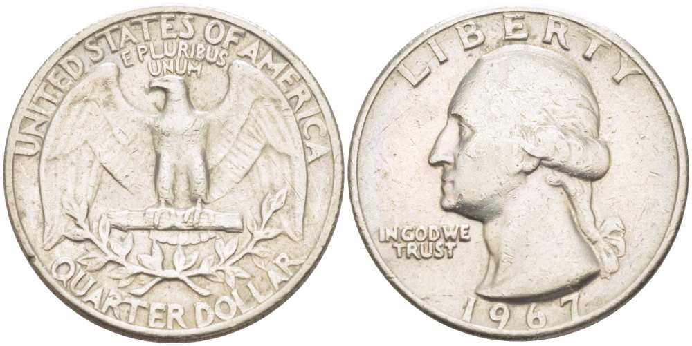 США 25 центов (квотер) 1967 Вашингтон KM 164a медь плакированная медно-никелем 4402-1156