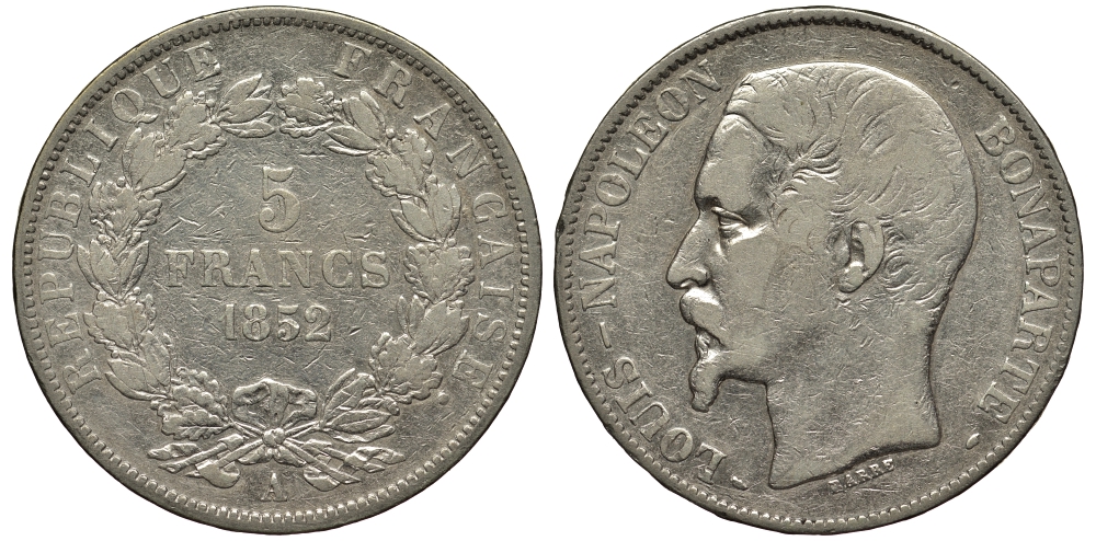 ФРАНЦИЯ 5 ФРАНКОВ 1852 А, ЛУИ НАПОЛЕОН БОНАПАРТ KM 773.1 серебро 1524-1132