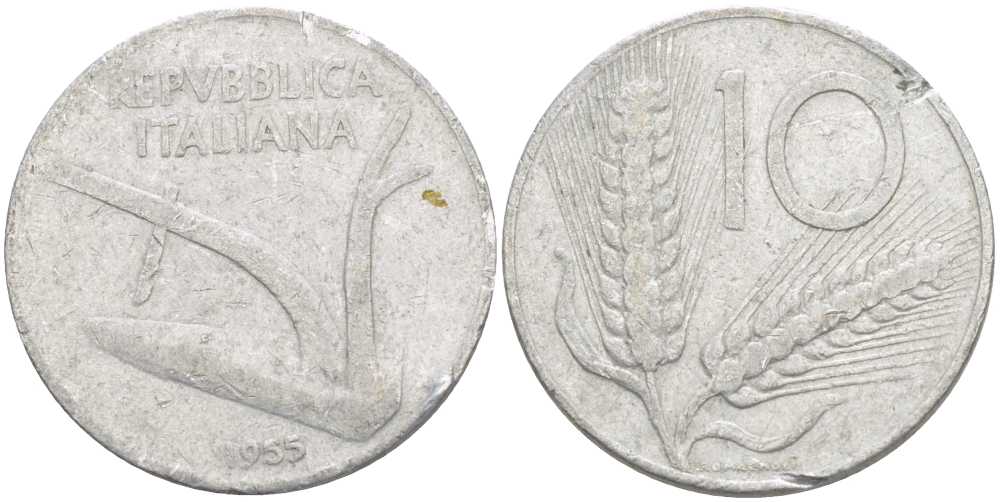 ИТАЛИЯ 10 ЛИР 1955 R, ПЛУГ, КОЛОСЬЯ KM 93 алюминий 175-353