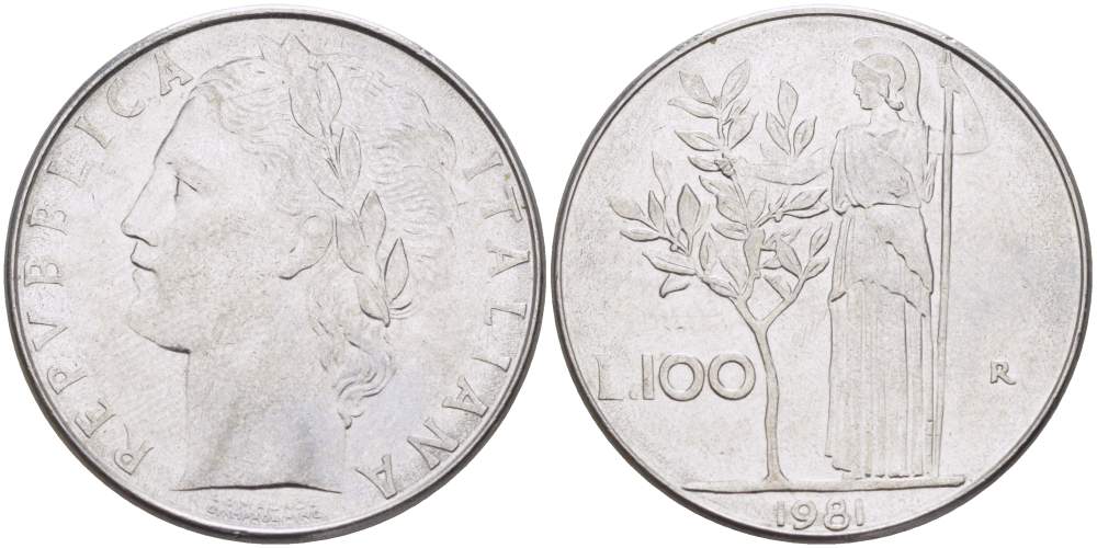 ИТАЛИЯ 100 ЛИР 1981 R, АФИНА, ДИАМЕТР 28 ММ. KM 96.1 нержавеющая сталь 4531-112
