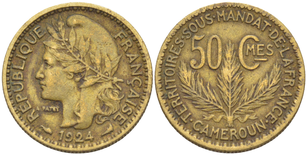 Французский Камерун 50 сантимов 1924 (а), монетный двор Париж KM 1 алюминиевая бронза 71-443
