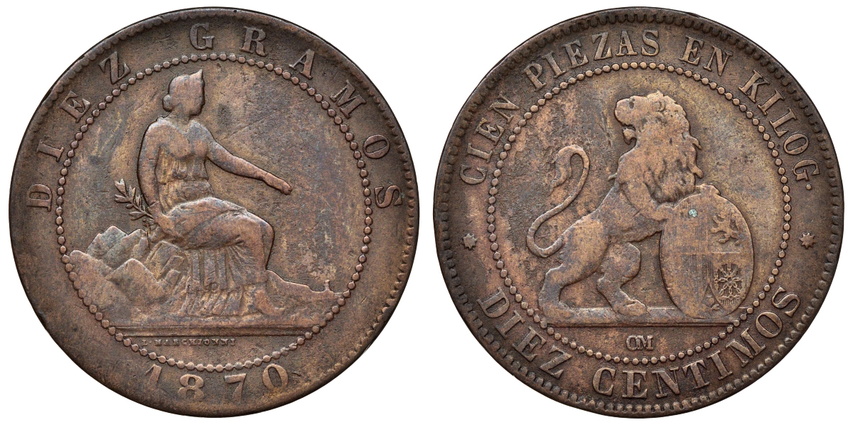 Испания 10 сентимо 1870 ОМ, лев со щитом KM 663 (Y54) медь 4117-523