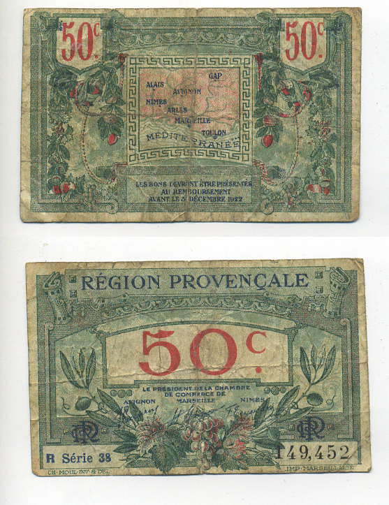 Франция 50 сантимов 1922 РЕГИОН ПРОВАНС, НОТГЕЛЬД, ДЕЙСТВИТЕЛЕН ДО 3 ДЕКАБРЯ 1922 ГОДА бумага 6280-27-1