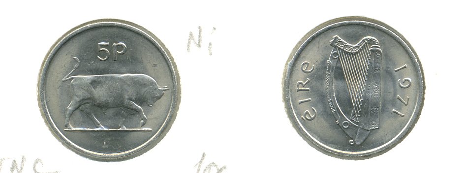 ИРЛАНДИЯ 5 ПЕНСОВ 1971 KM 22 медно-никель 7-5-28-33