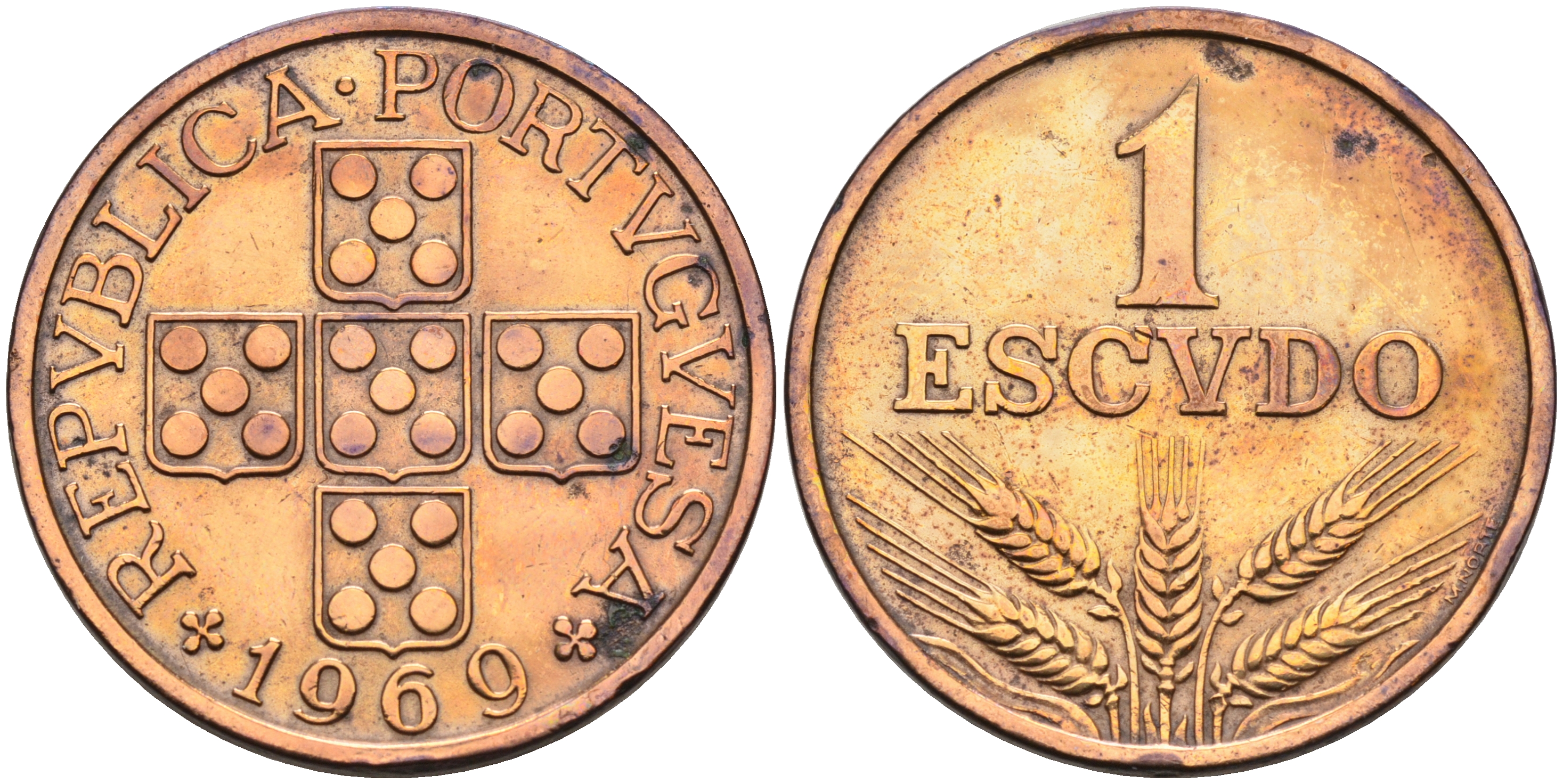 Португалия 1 эскудо 1969 первый год KM 597 бронза 4589-457