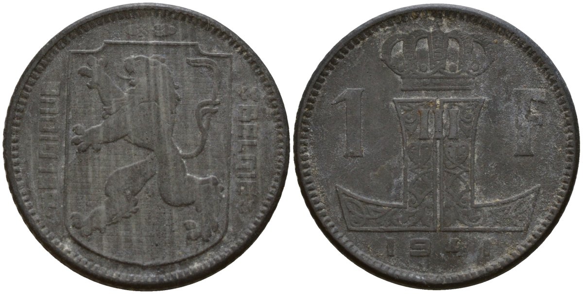 Бельгия 1 франк 1941 Belgique - Belgie, Леопольд III (1934-1947), германская оккупация, Вторая мировая война KM 127 цинк 4161-421