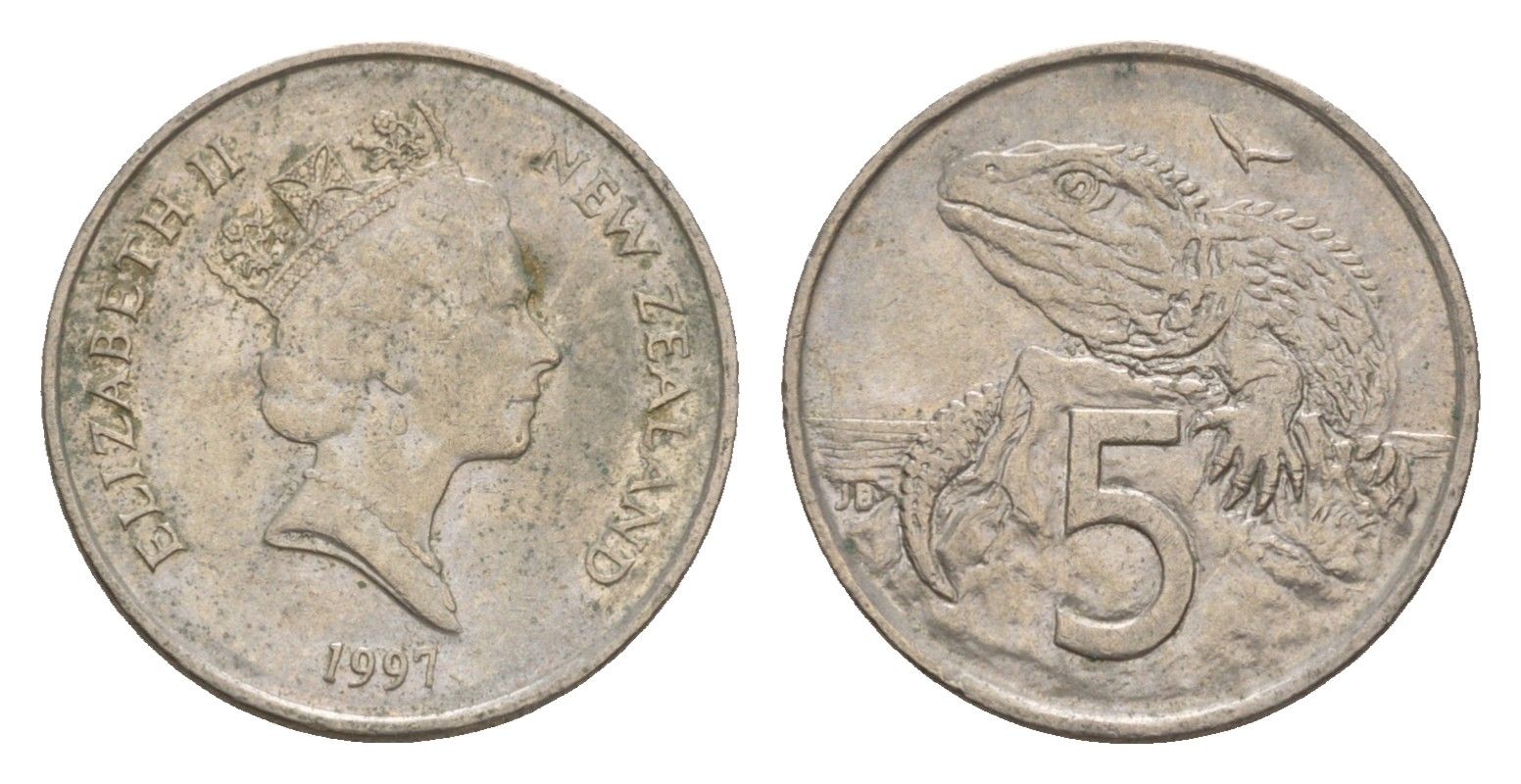 Новая Зеландия 5 центов 1997 Елизавета II (1952-2022), ящерица гаттерия KM 60 медно-никель 4594-1061