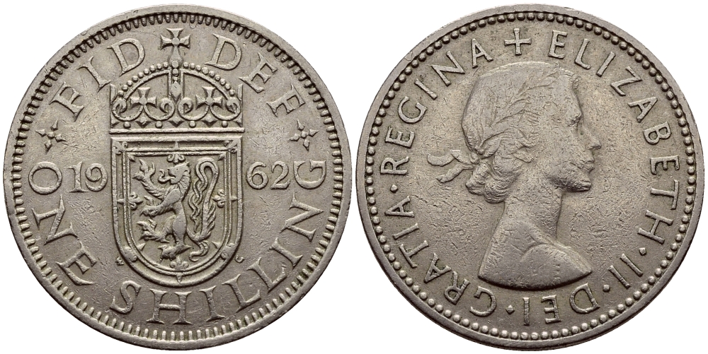 Великобритания 1 шиллинг 1962 Елизавета II (1952-2022), Шотландский герб KM 905, Spink 4148 медно-никель 83-111