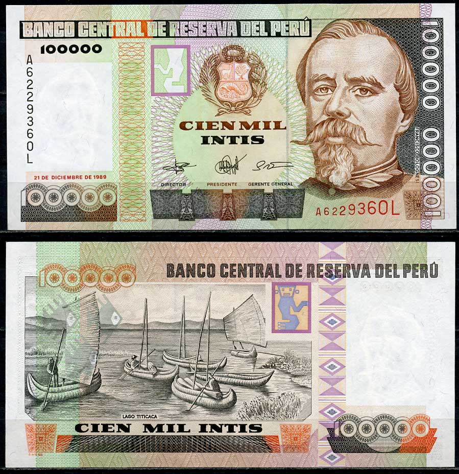 Перу 100000 инти 1989 Франсиско Болоньези, озеро Титикака Pick 145  бумага  UNC (пресс) 7202-5-3