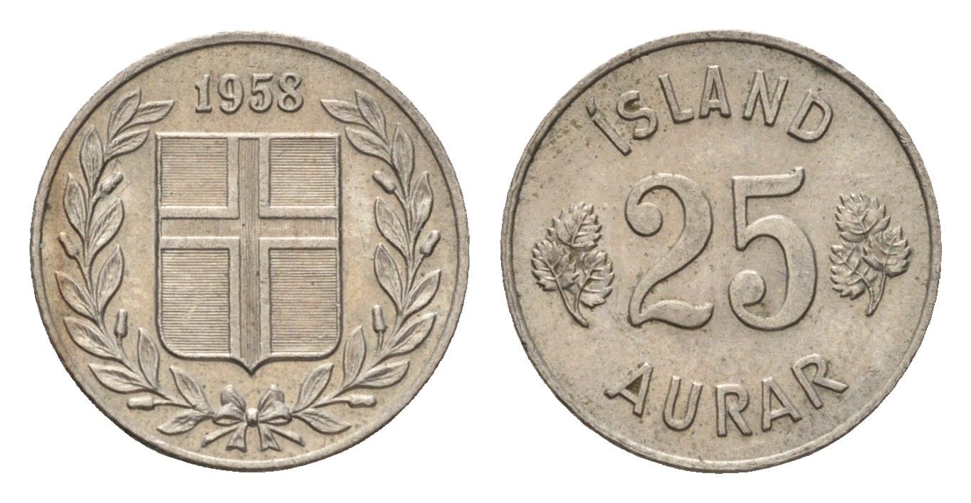 Исландия 25 эйре 1958 KM 11 медно-никель 4690-613