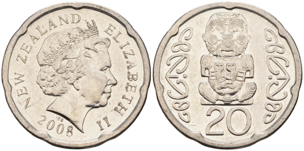 Новая Зеландия 20 центов 2008 Елизавета II (1952-2022), идол Пукаки KM 118а никелированная сталь 4579-1154