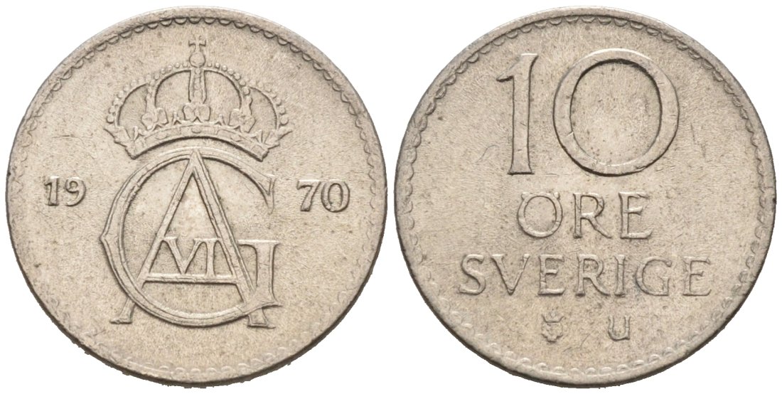 Швеция 10 эре 1970 Густав VI Адольф (1950-1973) KM 835 медно-никель 4564-747