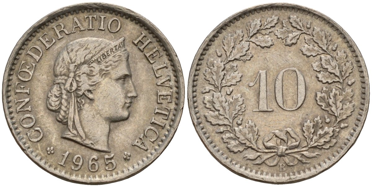Швейцария 10 раппенов 1965 B KM 27 медно-никель 4189-411