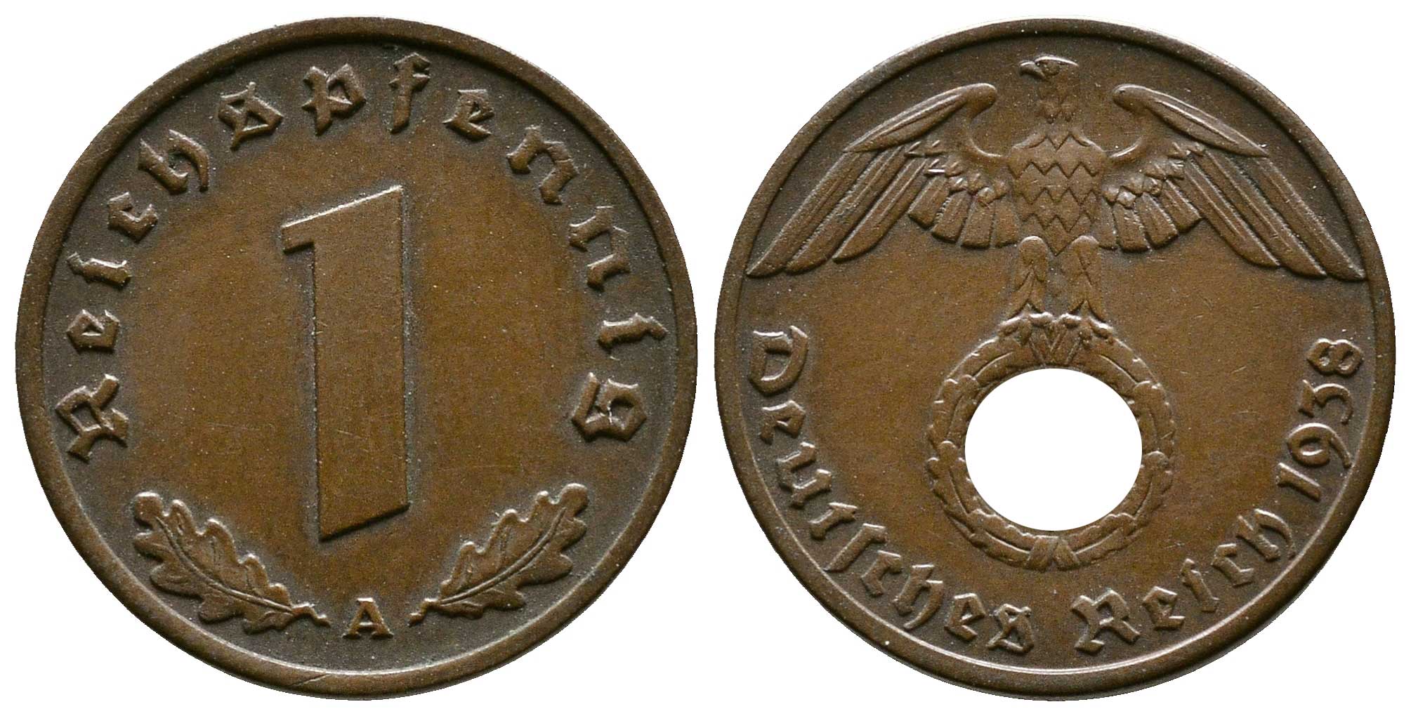 Германия 1 рейхспфенниг 1938 A KM 89, J. 361 бронза    220-253
