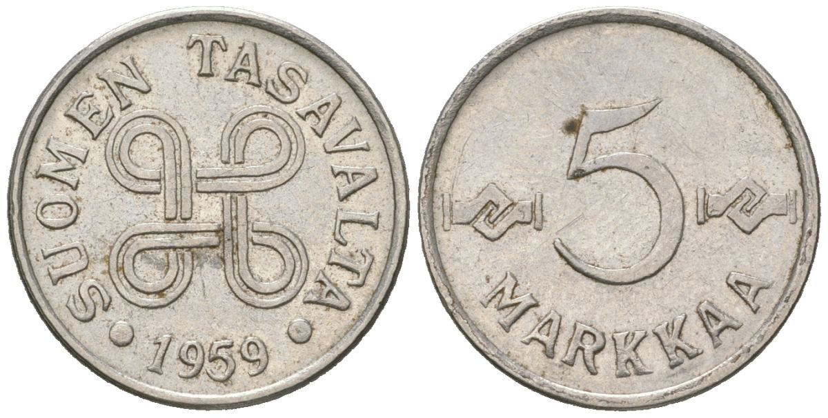 Финляндия 5 марок 1959 KM 37a железо плакированная никелем 218-1134