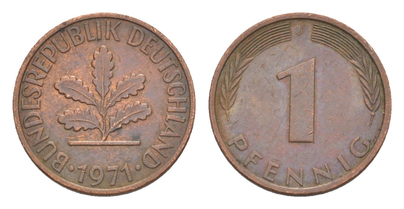 ФРГ 1 пфенниг 1971 J KM 105, J. 380 сталь плакированная медью 4647-969
