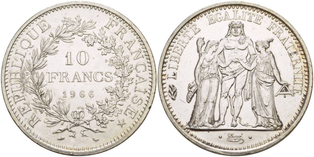 Франция 10 франков 1966 Геракл с богинями равенства и братства KM 932 серебро 4527-1221