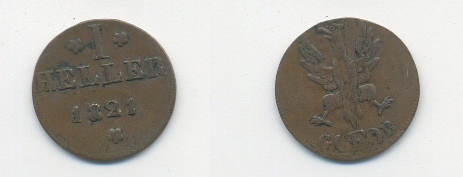 Франкфурт 1 геллер 1821 GB AKS 30, Jaeger 10, KM 301 медь 46-366