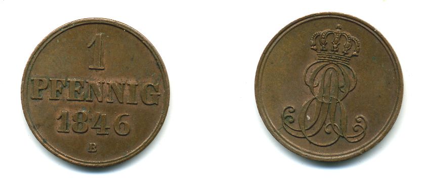 Ганновер 1 пфенниг 1846 B, Эрнст Август (1837-1851) KM 201.1, AKS 129, J. 74 медь 35-843