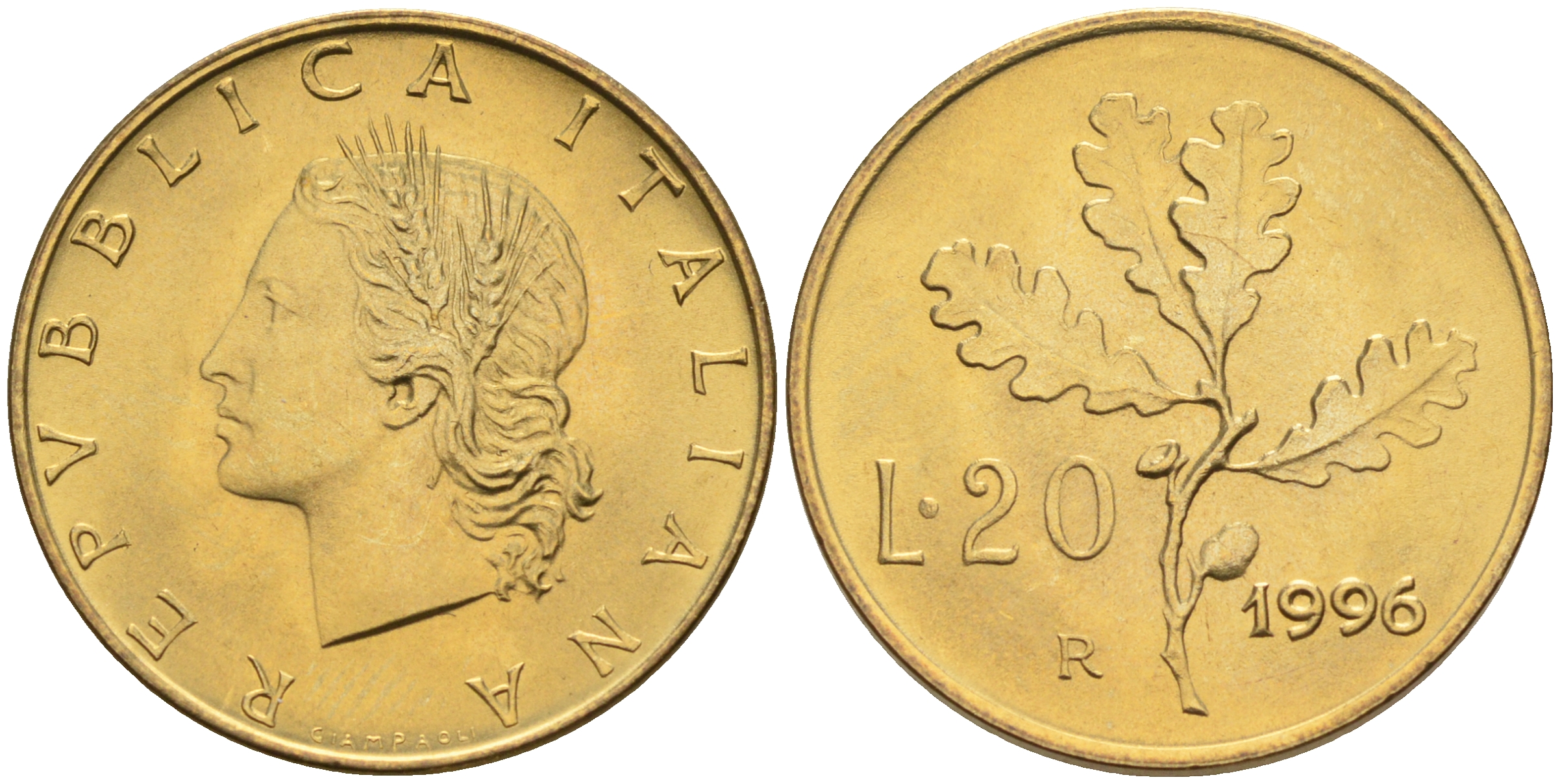 Италия 20 лир 1996 R, дубовый лист KM 97.2 алюминиевая бронза  UNC  4594-1041