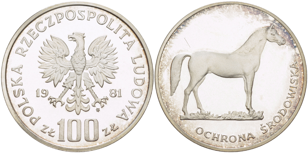 Польшая 100 злотых 1981 MW, серия охрана окружающей среды, лошадь KM 126, Parchimowicz 292 серебро PROOF 1085-1-34