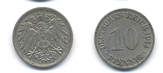 ГЕРМАНИЯ 10 ПФЕННИГОВ 1914 A KM 12, J. 13 медно-никель 58-415