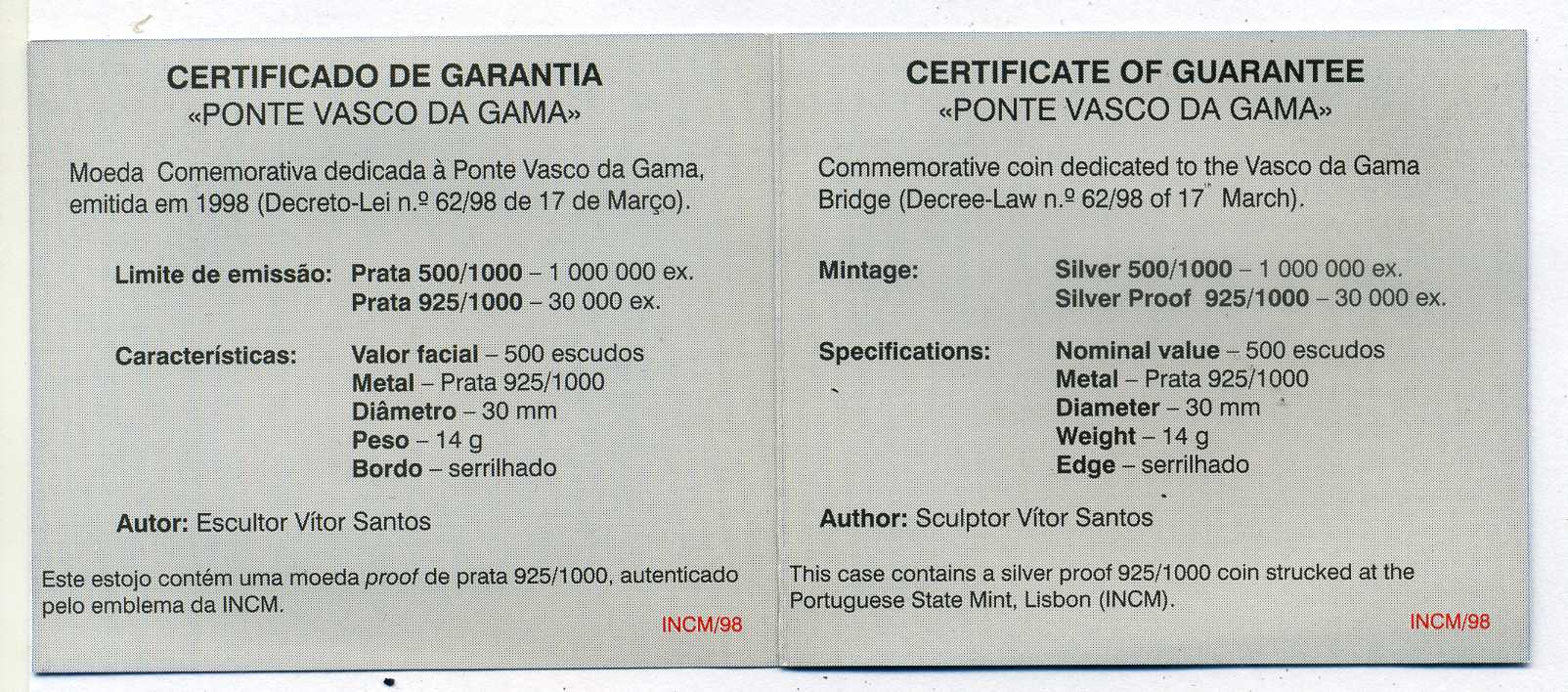 Португалия 500 эскудо 1998 мост Васко да Гама, оригинальная коробка, сертификат KM 750 серебро PROOF 3-4-10-7