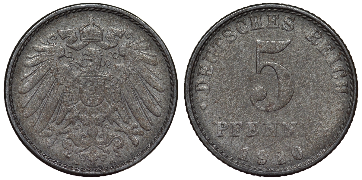 Германия 5 пфеннигов 1920 A KM 19, J. 297, Weege 5 железо 4118-1111