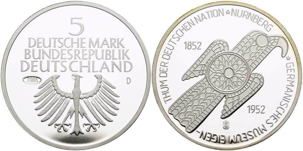 ФРГ медаль 2006 копия, 5 марок 1952, 100 лет Германскому национальному музею в Нюрнберге  серебро  PROOF  1098-4-22