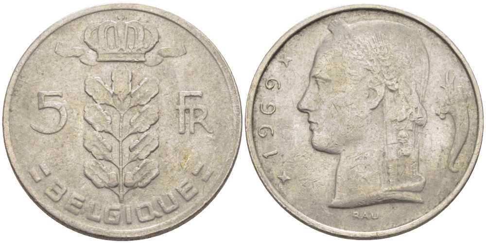 БЕЛЬГИЯ 5 ФРАНКОВ 1969 BELGIQUE, БОДУЭН I (1951-1993) KM 134.1 медно-никель 119-722