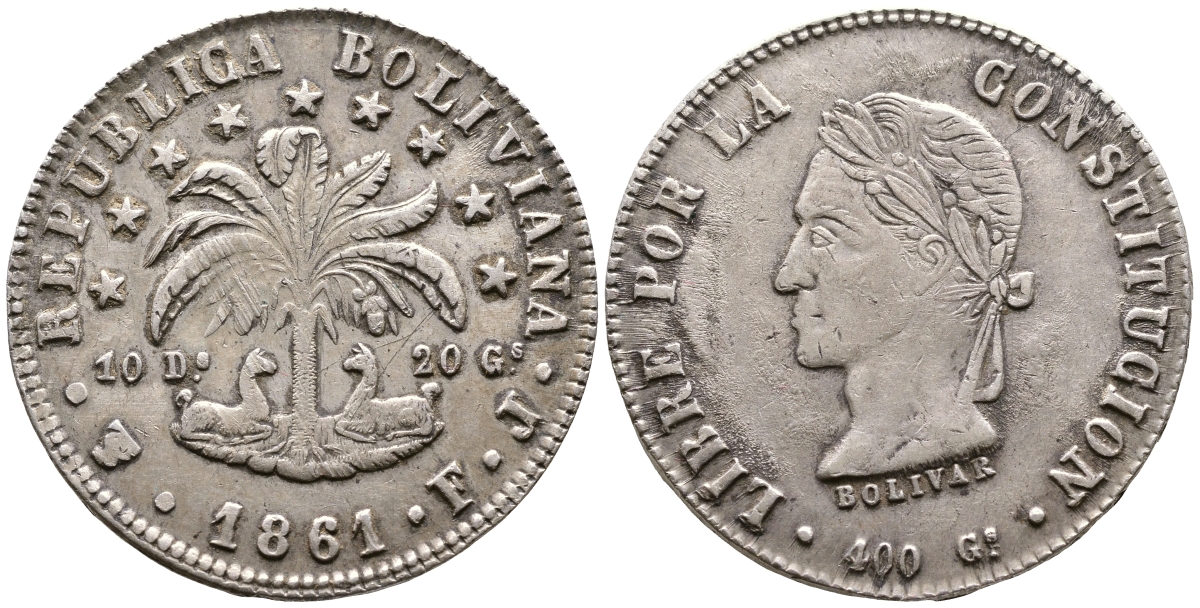 Боливия 8 солей 1861 FJ KM 138.6 серебро 00-00