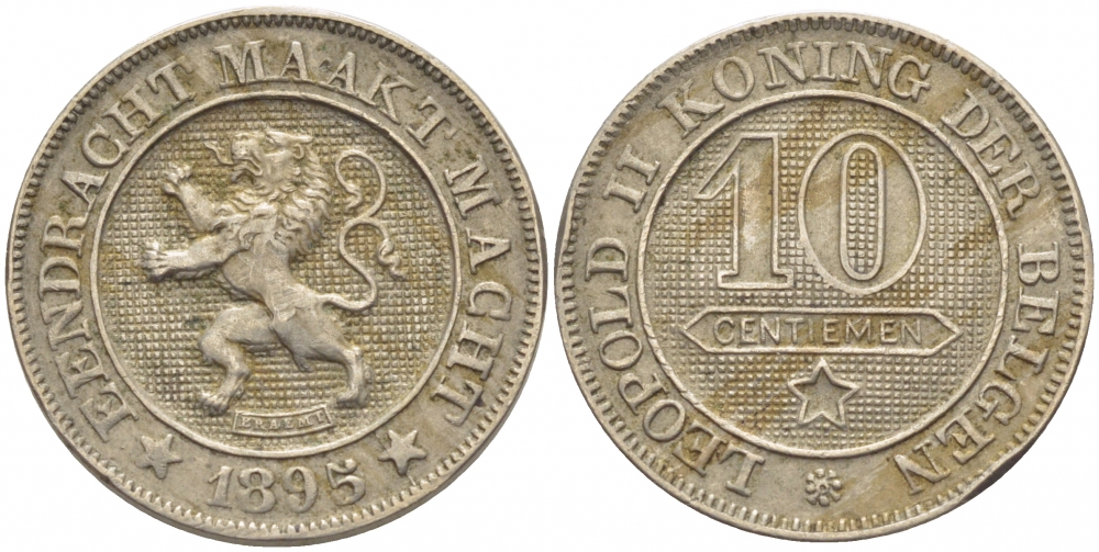 БЕЛЬГИЯ 10 САНТИМОВ 1895 BELGEN KM 43 медно-никель 4448-745