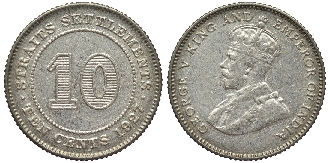 Стрейтс-Сетлментс 10 центов 1927 Георг V (1910-1936) КМ 29b серебро 53-656