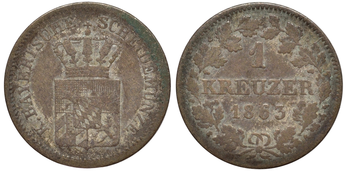 Бавария 1 крейцер 1863 Максимилиан II (1848-1864) KM 473 серебро 75-1741