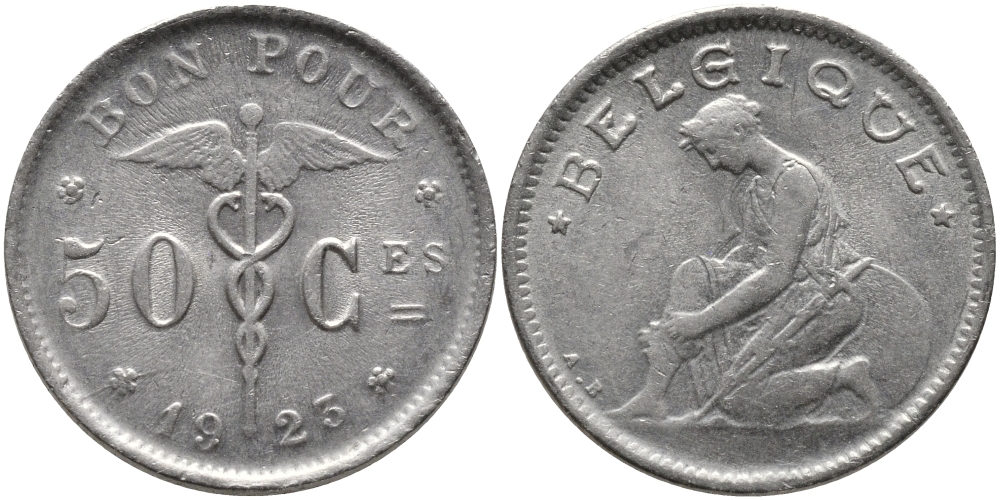 БЕЛЬГИЯ 50 САНТИМОВ 1923 BELGIQUE KM 87 никель 4385-637