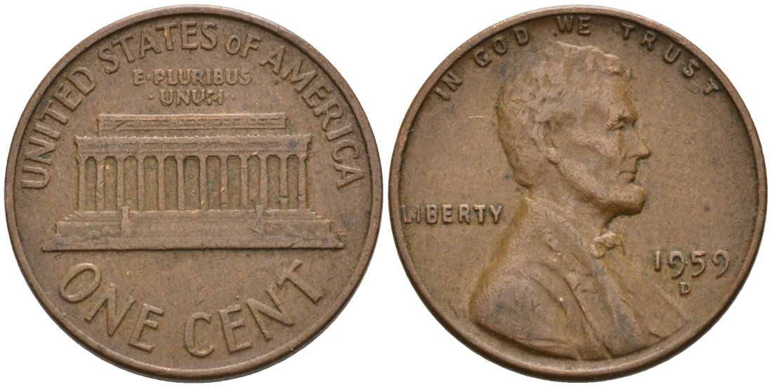 США 1 цент 1959 D, Авраам Линкольн KM 201 медь цинк 4564-325