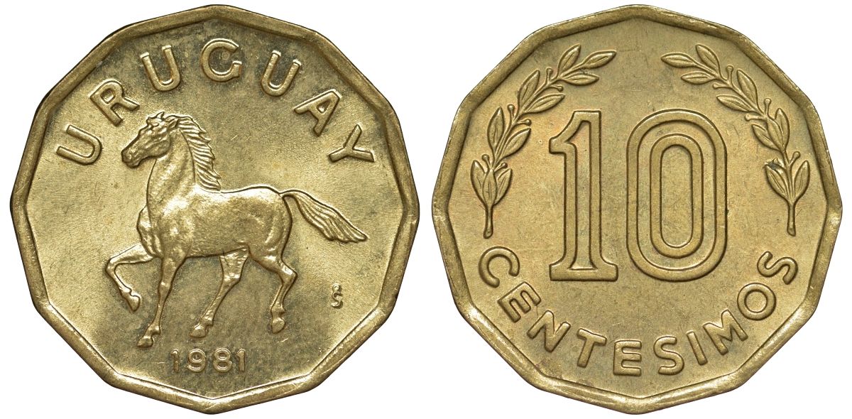 Уругвай 10 сентесимо 1981 KM 66 алюминиевая бронза 4169-531