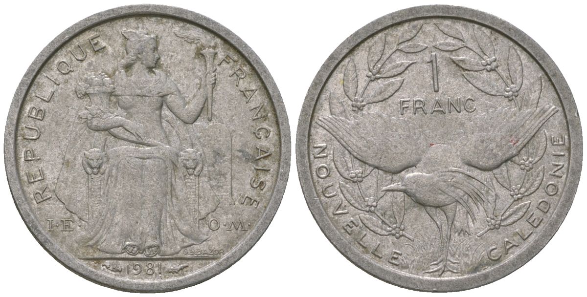 Французская Новая Каледония 1 франк 1981 птица кагу, (IEOM) KM 10, Schoen 10, Lec 44 алюминий    51-1247