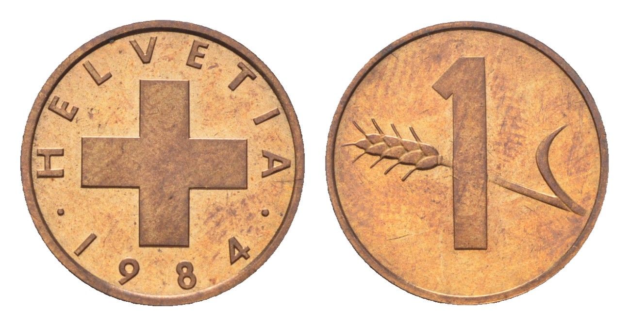 Швейцария 1 раппен 1984 KM 46 бронза UNC 4708-268