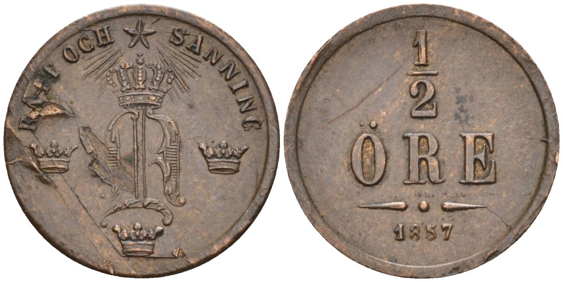 Швеция 1/2 эре 1857 Оскар I (1844-1859), отслойка на аверсе KM 686 бронза 188-1218